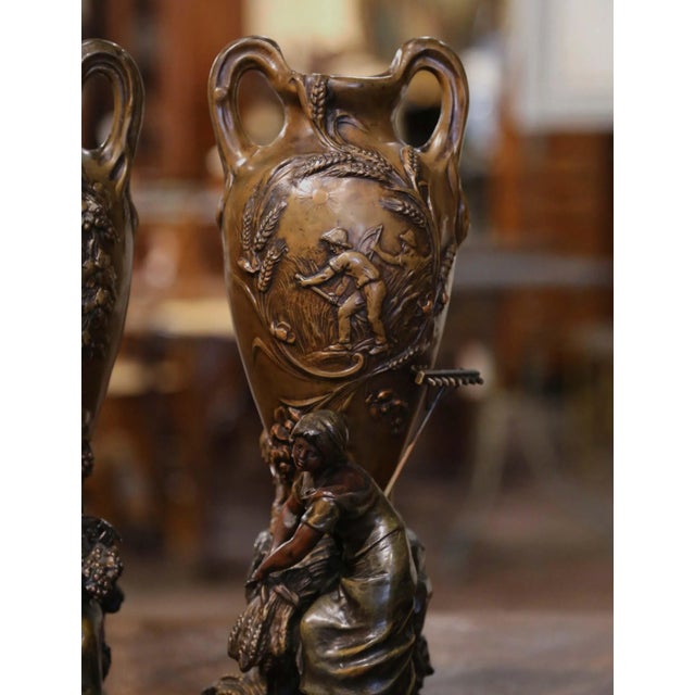 Pair of 19th Century French Verdigris Spelter Harvest Vases Signed Moreau For Sale - Image 4 of 12