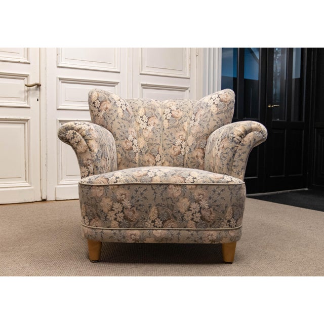 Vintage Danish Wingback Chair with Jacquard Fabric, 1940s For Sale - Image 4 of 15
