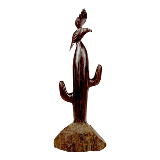 Vintage Southwestern Carved Wood Bird & Cactus Sculpture For Sale