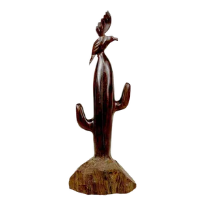 Vintage Southwestern Carved Wood Bird & Cactus Sculpture