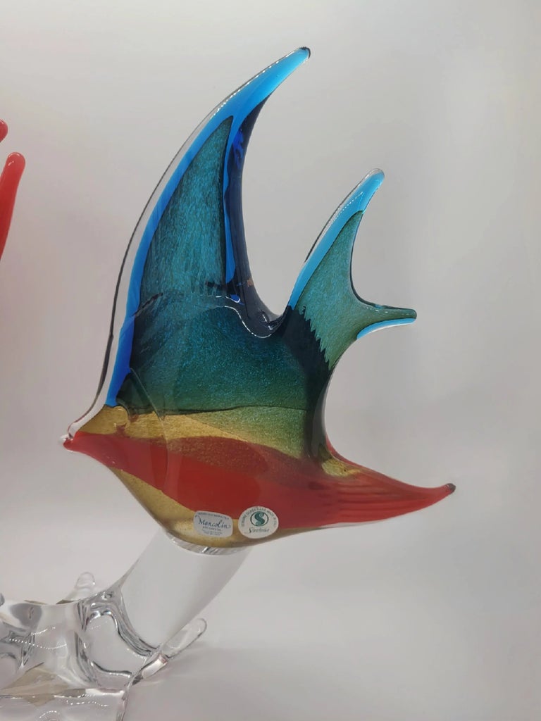 Marcolin Art Crystal マルコリン クリスタル 魚 青赤 Mid 20th Century Marcolin Art Sardinia Crystal Fish and Coral