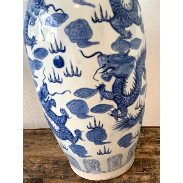 Late 20th Century Vintage Asian Blue and Whits Dragon Vase For Sale - Image 5 of 12