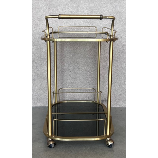Brass Art Deco Brass Dry Bar Cart With Smoked Two Tier Glass For Sale - Image 8 of 12