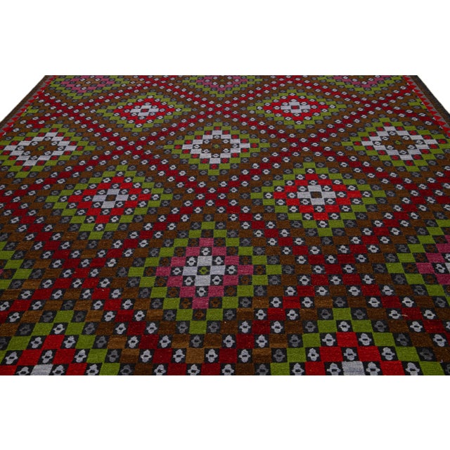 Modern Brown Modern Soumak Handmade Multicolor Geometric Designed Wool Rug For Sale - Image 3 of 11