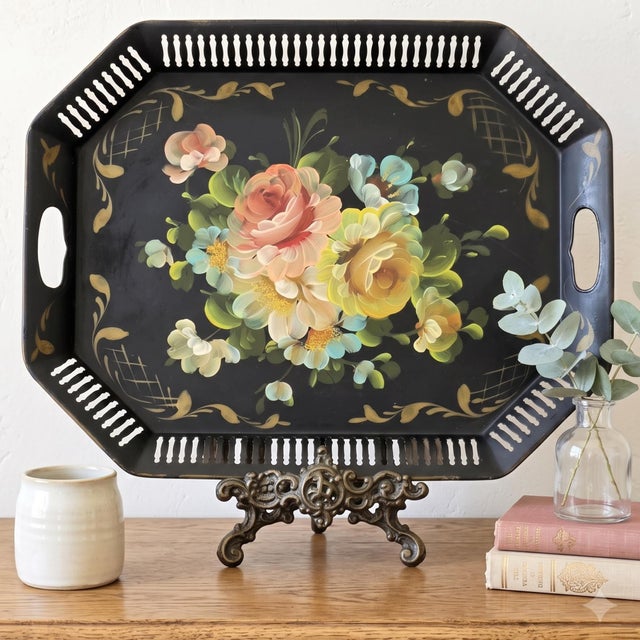 Mid 20th Century Hand Painted Black Floral Tray Vanity Serving Toleware Coffee Table Entryway Decor For Sale - Image 4 of 7