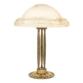 Art Deco Signed Frosted Glass and Brass Table Lamp For Sale