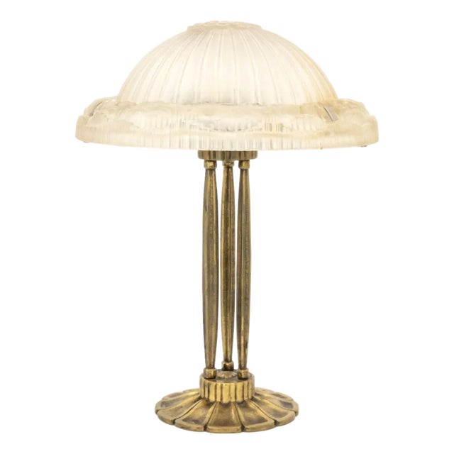 Art Deco Signed Frosted Glass and Brass Table Lamp For Sale