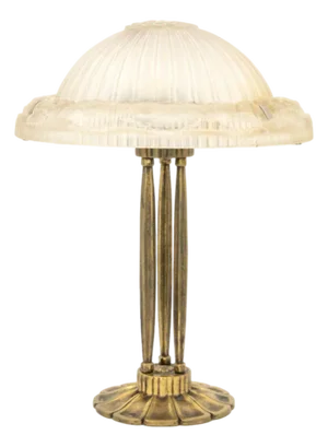 Art Deco Signed Frosted Glass and Brass Table Lamp