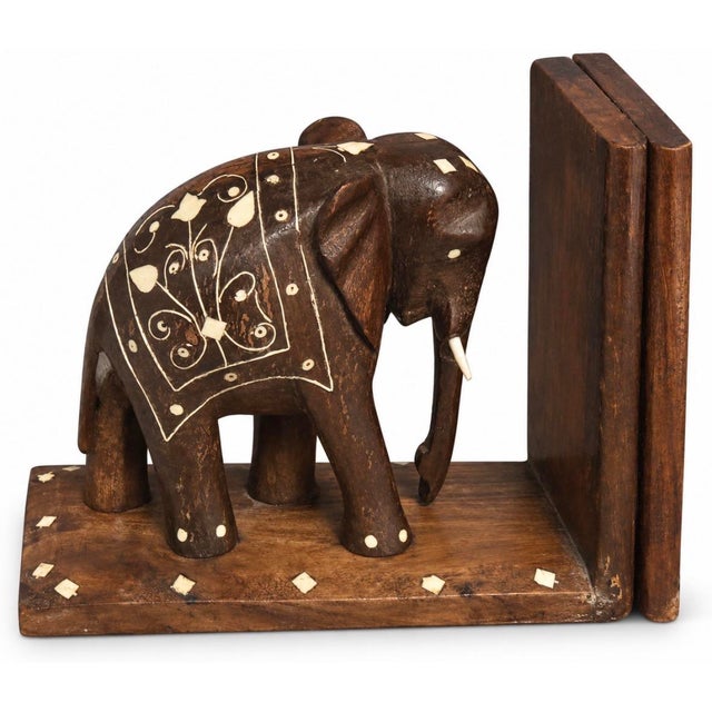 Mid 20th Century Anglo-Indian Carved Hardwood Elephant Bookends With Intricate Bone Inlay — Pair For Sale - Image 6 of 11
