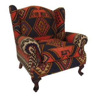 Vintage C.1980's Turkish Kilim Rug Upholstered Wingback Club Chair Made in Pakistan For Sale
