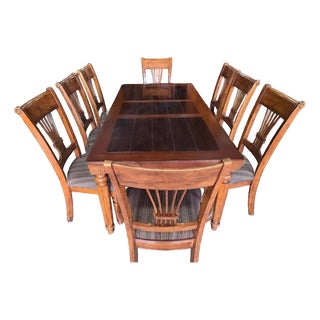 Late 20th Century Traditional Expandable Wood Dining Table With 8 Upholstered Chairs – 9 Piece Set For Sale