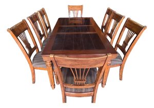 Late 20th Century Traditional Expandable Wood Dining Table With 8 Upholstered Chairs – 9 Piece Set