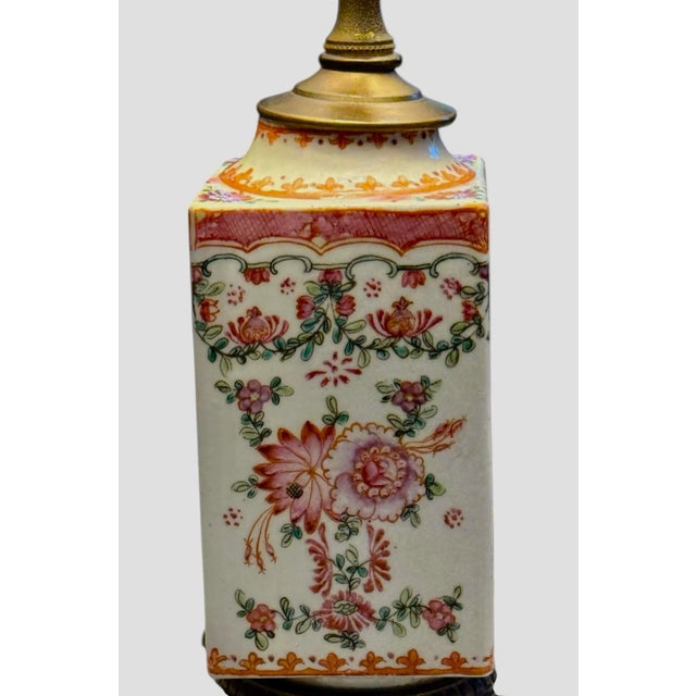 Mid 20th Century Vintage Chinoiserie 17 1/2” Table Lamp With Famille Rose Handpainted Porcelain Design on Brushed Brass Base For Sale - Image 5 of 12