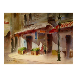 Edward Glafke "Old Monterey Street Scene, Monterey California" Large Watercolor. C.1970 Painting
