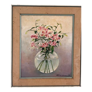 1970s Signed Mid-Century Modern Oil on Canvas Floral Still Life “Stargazer Lilies” by Callard, 30.5” X 26.5” For Sale
