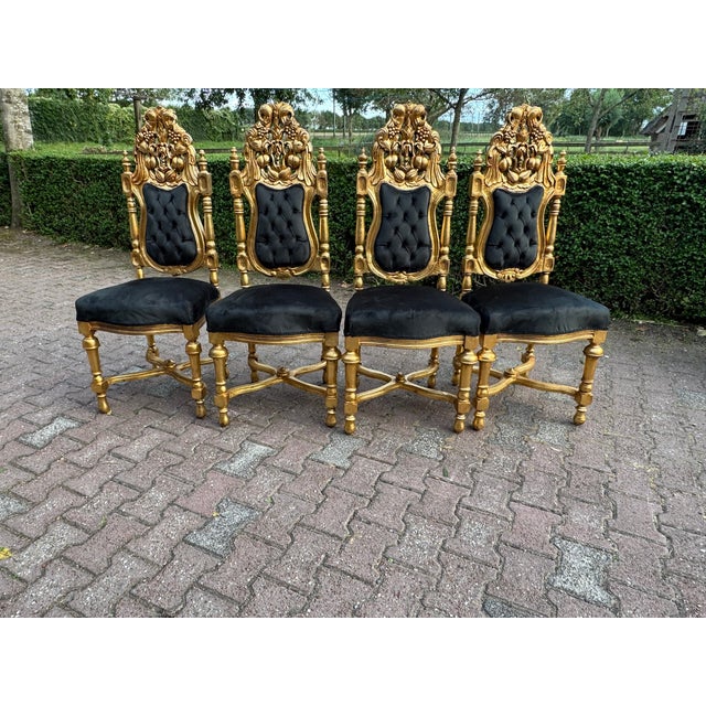 Gold c.1900 Italian Rococo Gold Beech Velvet Dining Chairs - Set of 8 Pc For Sale - Image 8 of 18