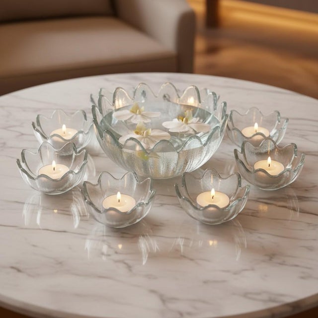 Blenko Vintage Blenko Lotus Bowl Set Clear Textured Art Glass Salad Berry - 9 pcs For Sale - Image 4 of 11