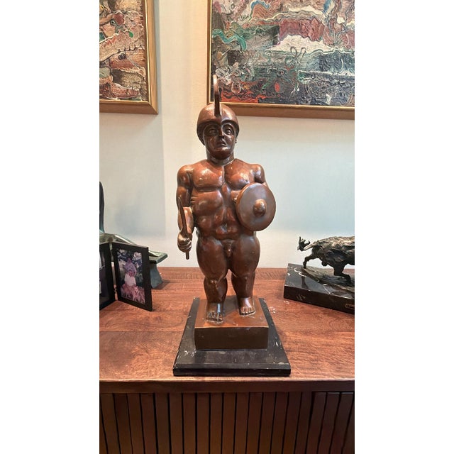 Fernando Botero Late 20th Century After Fernando Botero Bronze-Patina Classical Warrior Sculpture on Marble Base For Sale - Image 4 of 6