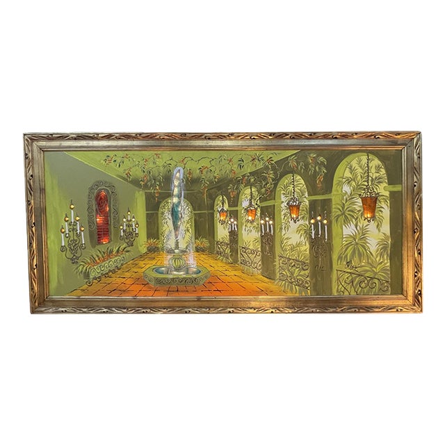 Light-Up Mid-Century Tropical Courtyard Oil Painting For Sale