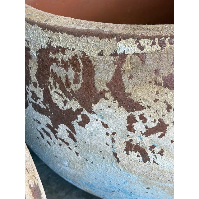 Baby Blue Pair of Monumental Low Bowl Terra Cotta Planters For Sale - Image 8 of 12