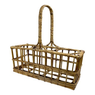 Vintage Rattan Three Wine Bottle Holder Basket For Sale