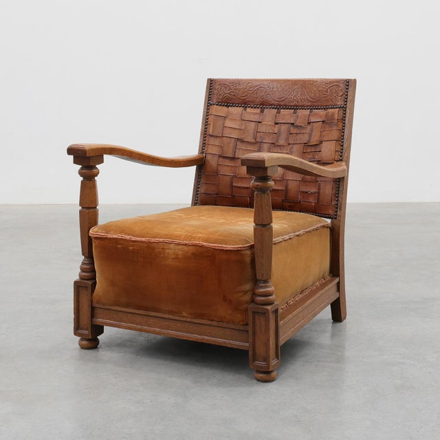 Art Deco Oak Lounge Chair with Woven Leather Back and Ochre Velvet, Belgium, 1920s For Sale - Image 15 of 15