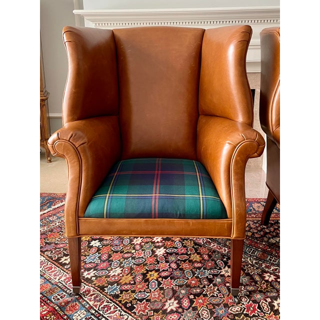 Ralph Lauren Custom Leather & Wexford Plaid Hepplewhite Wing Chairs a