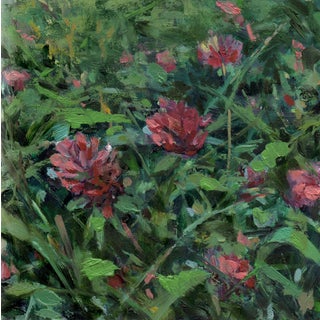 Wildflowers by Mary Flack | Oil on Panel Oil painting of pink wildflowers in green grass. For Sale