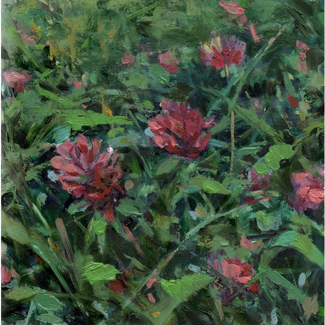 Wildflowers by Mary Flack | Oil on Panel Oil painting of pink wildflowers in green grass. For Sale