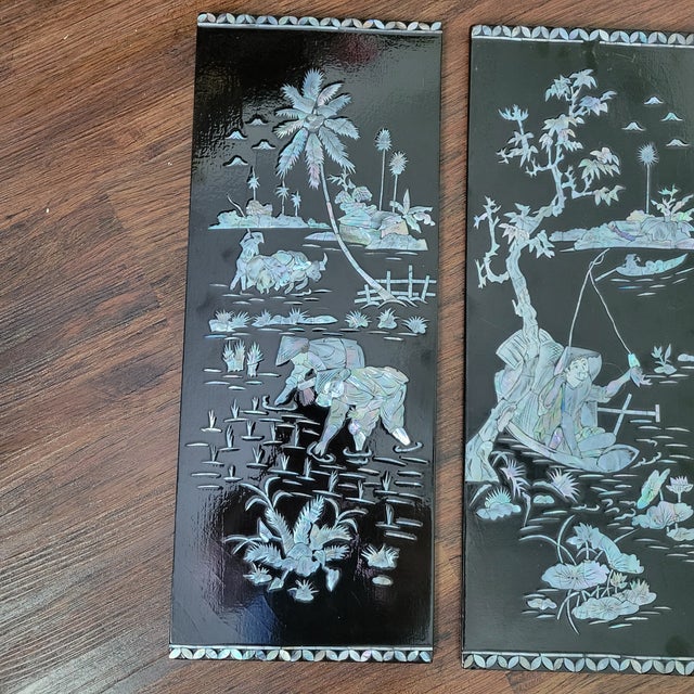 VTG Rare Set of 4 Panels Vietnamese Mother of Pearl Inlay Lacquer Fishing Hunting Plaques Farm Life MCM Sơn Mài For Sale - Image 4 of 18