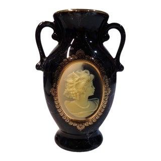 Vintage Japan Cameo Black Vase For Sale