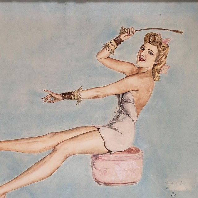 Original watercolor artwork on paper, featuring a young dressed-up woman on an ottoman with a riding crop in her hand...