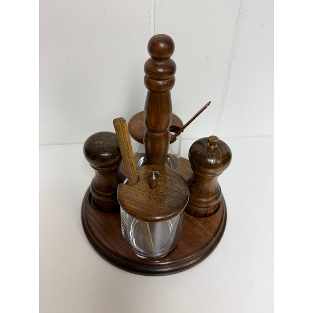 Vintage Mid-Century Wood & Glass Condiment Caddy Salt & Pepper Mill Set For Sale - Image 4 of 12