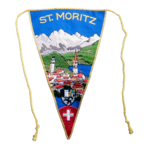 Vintage St. Moritz Swiss Alps Alpine Travel Souvenir Pennant Flag