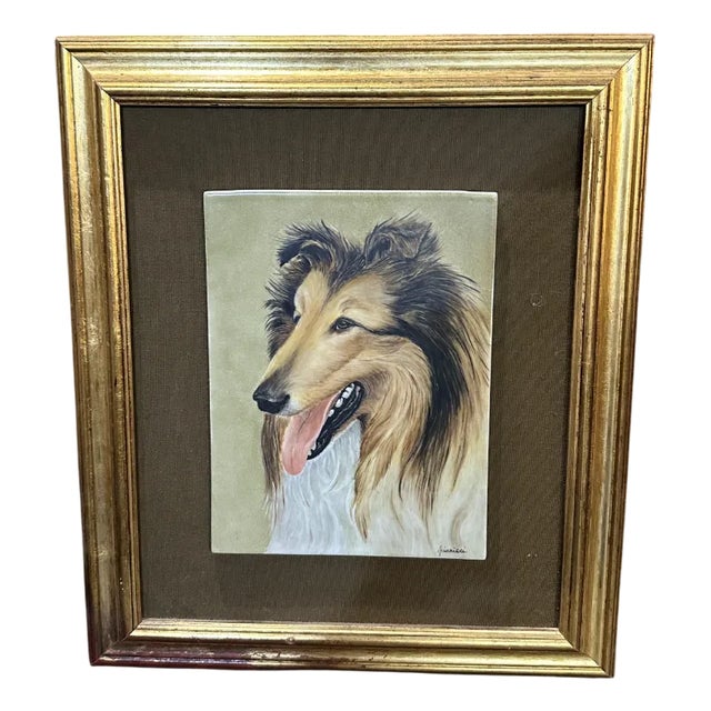 Painted Ceramic Tile with Scottish Shepherd Dog, 1970s For Sale