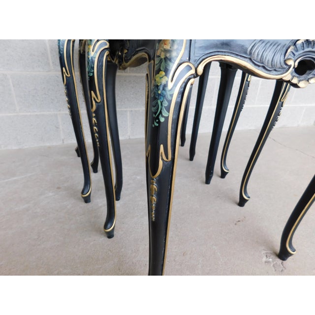 French Provincial Louis XV Style Paint Decorated Glass Top Stack Tables For Sale - Image 9 of 13