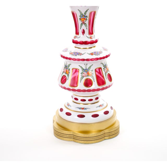 Antique Bohemian Cranberry Crystal, Painted and Gilt Gold Decorated Table Lamp For Sale In New York - Image 6 of 12