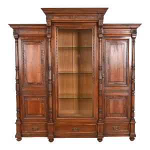 Herter Brothers Style Monumental Antique Eastlake Victorian Carved Walnut and Burl Wood Triple Bookcase Cabinet