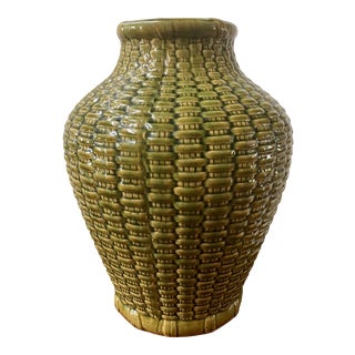 Mid 20th C. Embossed Basket-Weave Ceramic Green Vessel For Sale
