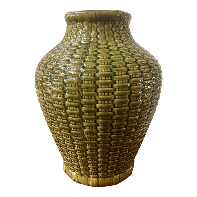 Mid 20th C. Embossed Basket-Weave Ceramic Green Vessel For Sale