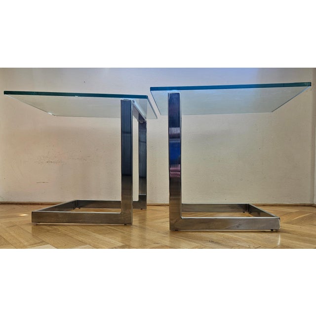 Silver Mid-Century Glass and Chrome Cantilevere Side Tables from Gebra, 1980s, Set of 2 For Sale - Image 8 of 14