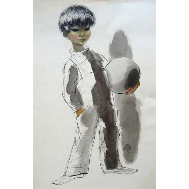 1960s Gunars Vindedzis, A Boy with a Ball, 1969, Ink & Watercolor on Paper For Sale - Image 5 of 5