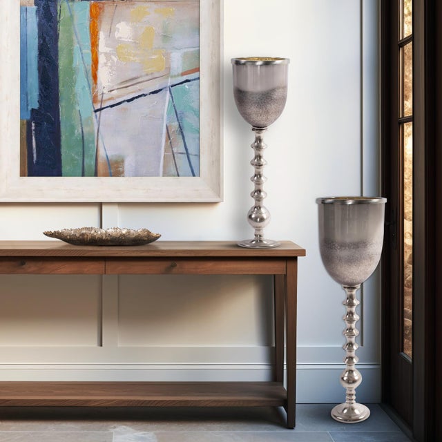 Metal Black Diamond Glass Chalise on a Nickel Turned Metal Stand- Large For Sale - Image 7 of 7