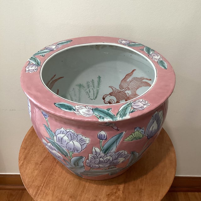 Vintage Large Chinoiserie Large Porcelain Koi Fish Bowl Planter Floral Motif For Sale - Image 12 of 12