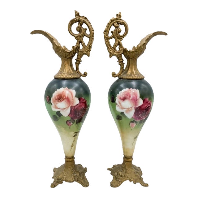 Pair Antique Hand‑Painted Porcelain & Brass Mantel Ewers / Garniture / Roses Motif For Sale