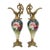 Pair Antique Hand‑Painted Porcelain & Brass Mantel Ewers / Garniture / Roses Motif For Sale