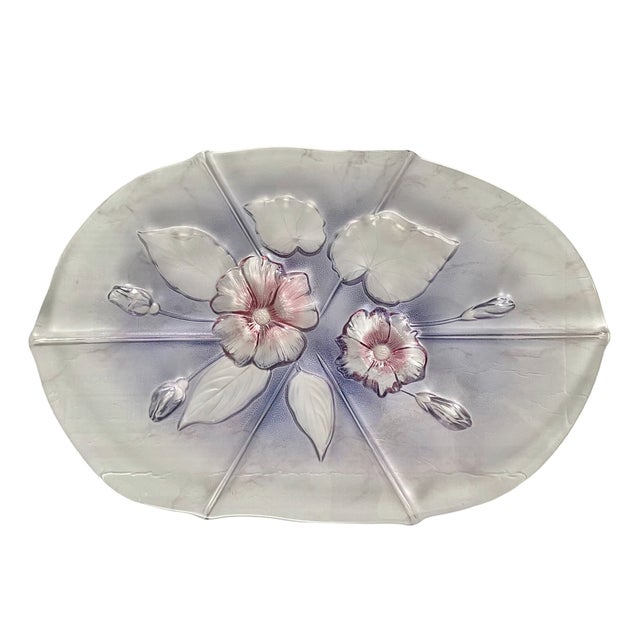 Mid-Century Modern Vintage Mikasa Walther Glass Oval Platter – Raised Floral & Leaf Design – Pink and Blue - Serving Tray or Centerpiece For Sale - Image 3 of 8
