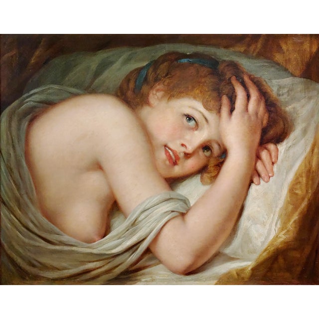 Brown Young Woman Playful in Bed -19th Century Oil Painting For Sale - Image 8 of 12