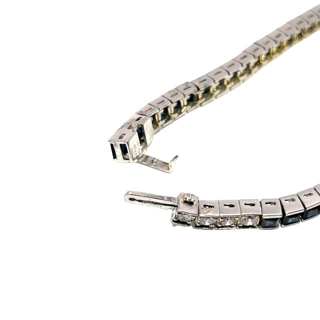 Metal Platinum Diamond and Blue Sapphire Tennis Bracelet For Sale - Image 7 of 10
