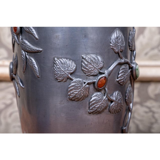 Antique Pewter Vases With Semi-Precious Stone Inlay- a Pair For Sale - Image 4 of 7